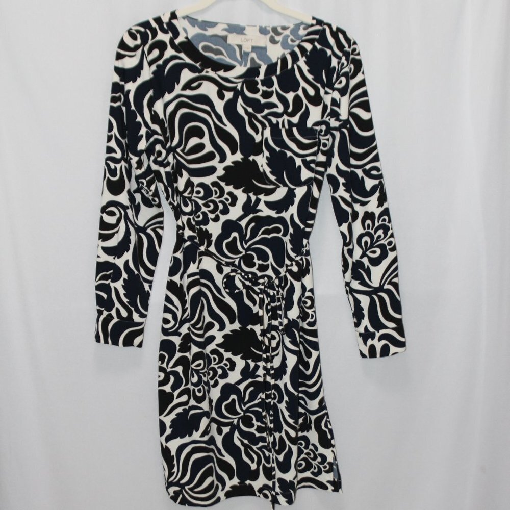 Loft Navy Black and White Long Sleave Straight lined Floral Dress with Tie - Picture 12 of 13